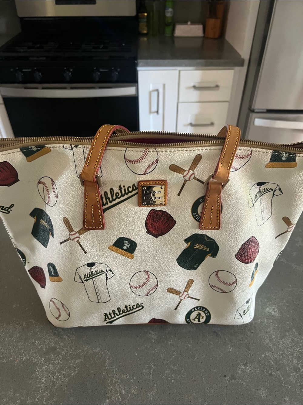 Athletics Dooney & Bourke Cream Baseball Print Tote with Green and Brown Accents